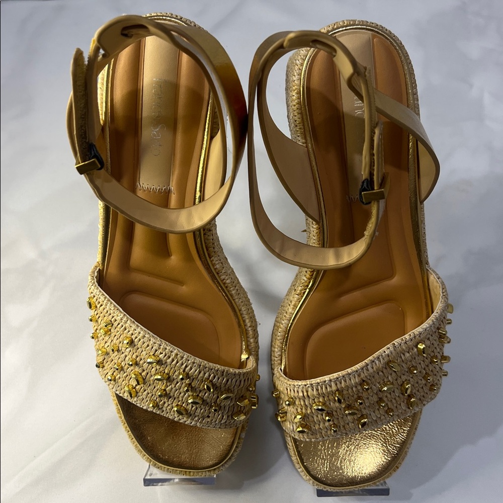 Franco Sarto Gold and Tan Beaded Wedge Sandals